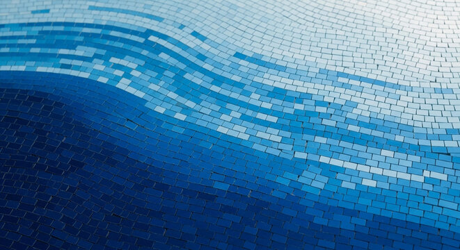 Abstract blue mosaic tile background featuring flowing wave patterns made of small ceramic or glass pieces.