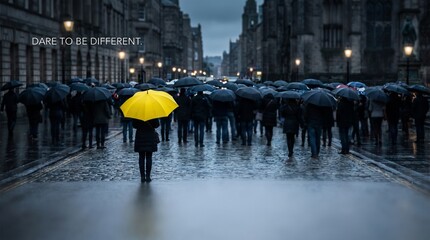 Obraz premium Dare to Be Different With a Single Bright Umbrella Among Countless Black Umbrellas on a Rainy City Street, Dramatic Overcast Lighting, Symbolic Individuality