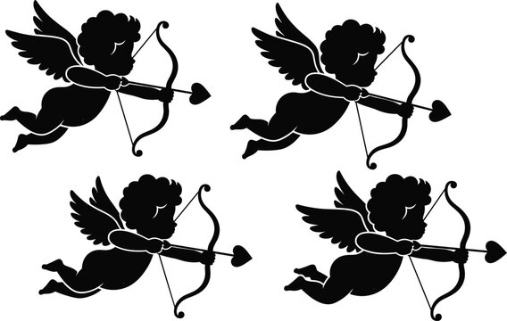 Cupid silhouettes with bow and heart arrow, Valentine's Day love symbols, romantic cherub angels, isolated black vector illustrations, wedding design elements.