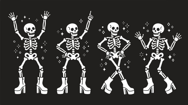 Four happy cartoon skeletons wear white platform go-go boots and dance surrounded by sparkles on a solid black background.