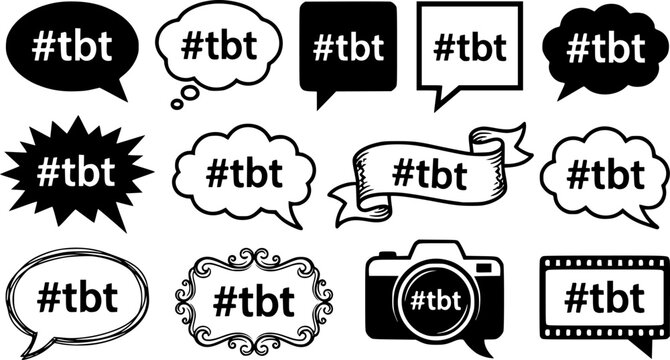 Varied speech bubble shapes featuring hashtag tbt text for vintage photo sharing concepts.
