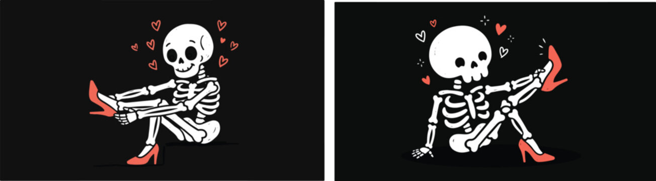 Two cute skeleton characters are illustrated sitting on a black background while wearing bright red high heel pumps and surrounded by hearts