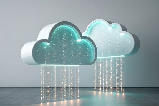 Two stylized white cloud icons featuring vibrant turquoise glowing interiors with sparkling light strings falling like rain against a clean minimalist studio background representing modern digital dat