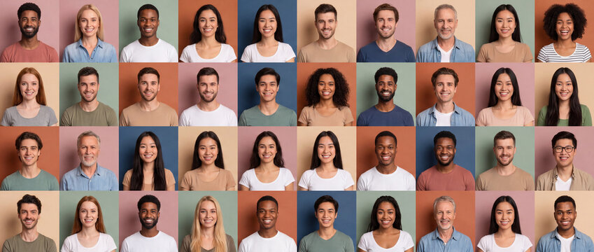 Diverse multiethnic people portraits grid in a panoramic collage format, showcasing smiling faces of various ages and ethnicities on colorful backgrounds for global community marketing