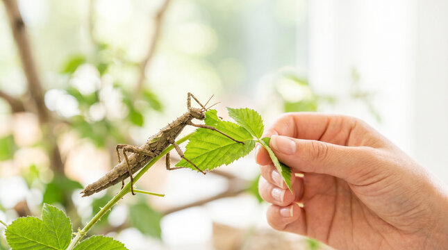 Feeding stick insect fresh leaves with hand in indoor environment  