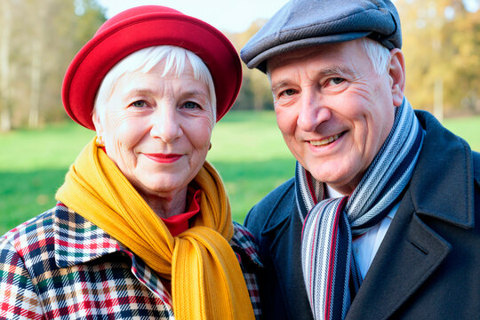 Portrait of Caucasian senior couple smiling at camera while standing outdoors, expressing active retirement and companionship. Ideal for senior lifestyle, healthcare, insurance marketing