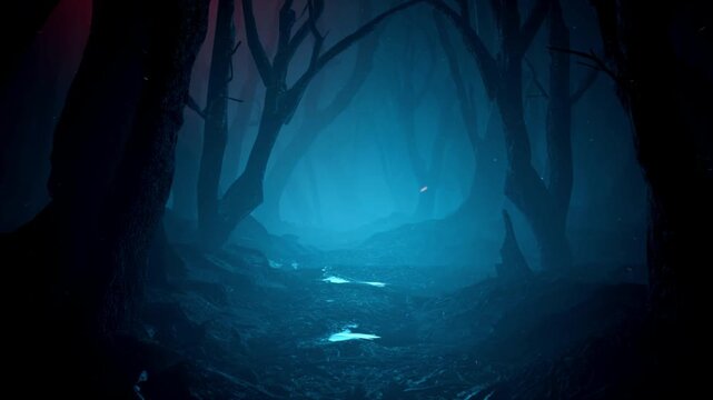 Dark mysterious forest at night. Eerie woods with glowing blue fog and spooky atmosphere.