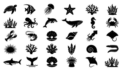 Sea Animal and Marine Plant Silhouette Icons Vector Collection © Fagun