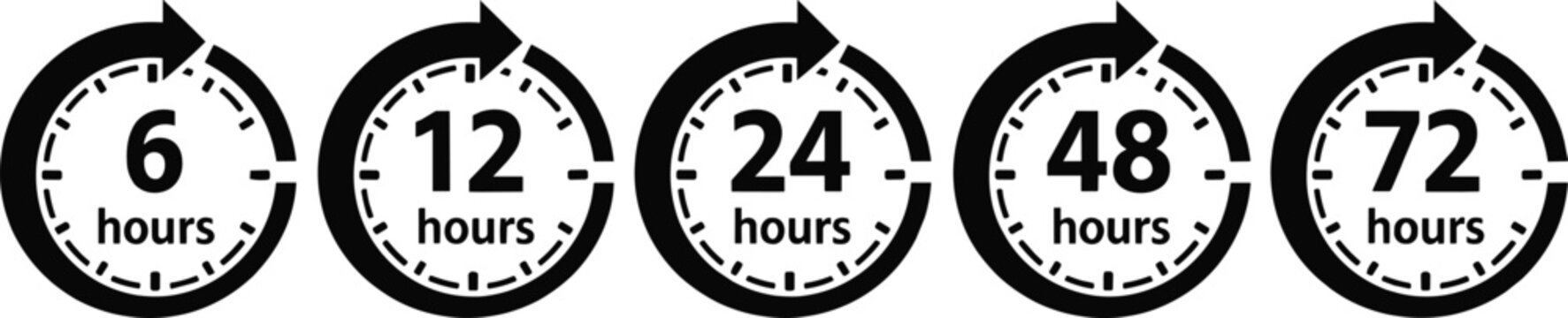 Time countdown clock, delivery service hours, six twelve twenty four forty eight seventy two hour symbols, deadline vector illustration.