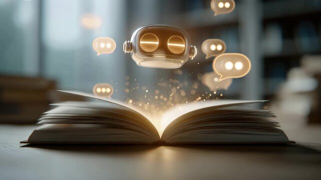 Futuristic robot hovering above an open book with glowing speech bubbles in a dimly lit library