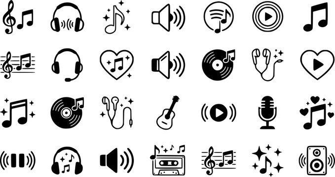 Collection of music and sound icons featuring notes, headphones, sparkles, hearts, and speakers
