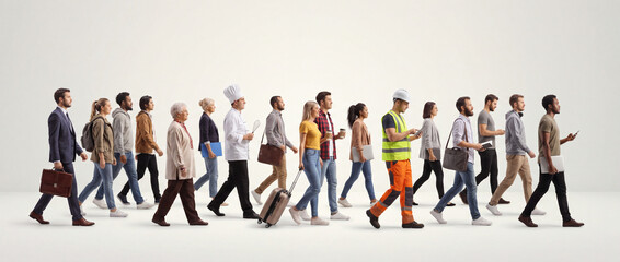 Obraz premium Diverse group of professional people walking in profile on a clean white background, representing career diversity, employment opportunities, and modern workforce dynamics in a corporate concept
