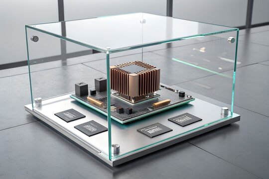 Modern computer processor unit featuring a metallic heat sink and integrated circuit chips displayed inside a clear glass protective case on a smooth grey surface with sharp focus and lighting.