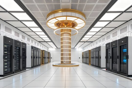 Futuristic server room interior featuring rows of black computer racks and a magnificent central golden pillar illuminated by warm glowing lights in a clean white high tech corporate data center.