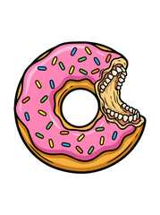 Cartoon donut with human teeth biting into it