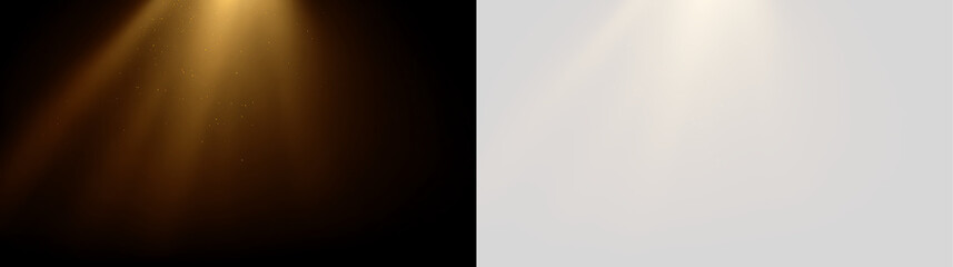 Golden light beam with floating dust particles. Abstract glowing rays on transparent background © Oksana