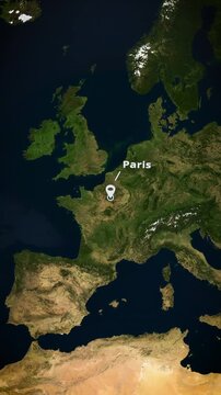 Vertical satellite map zoom to Paris, France with location pin and text. Ideal portrait graphic for short-form travel content, mobile app promos, tourism ads, and social media geography videos.
