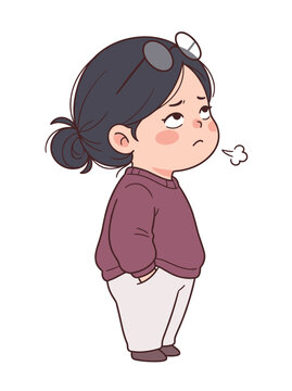 Cute cartoon girl sighing with an annoyed expression