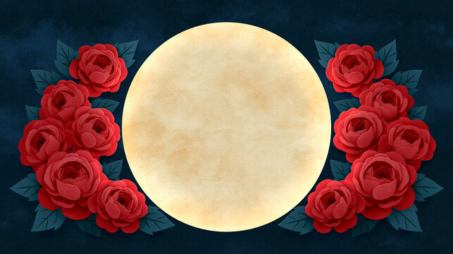 Bunch of red roses with green leaves framing a pale full moon background.