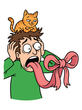 Cartoon man with a cat on his head and a long tongue