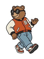 Obraz premium Cool cartoon bear wearing a varsity jacket and sunglasses