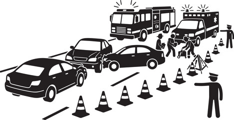 Fototapeta premium Emergency services responding to a multi-car road accident scene