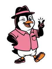 Fototapeta premium Cartoon penguin character wearing a hat and pink shirt