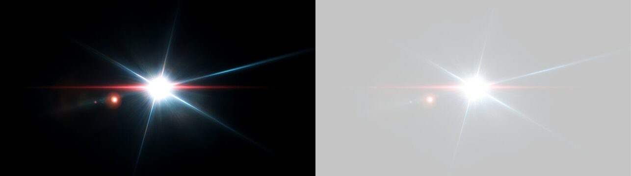 Glowing starburst lens flare with prominent blue rays and red streaks. Optical light effect on black and transparent background. Futuristic illumination element