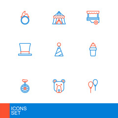 Set line Balloons with ribbon, Bear head, Unicycle, Ice cream in waffle, Cylinder hat, Party, Fast street food cart and Circus tent icon. Vector © Iryna