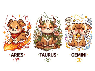 Fototapeta premium Adorable kawaii animal zodiac illustrations Aries, Taurus, Gemini. Each design features vibrant astrological symbols, delightful character expressions, and playful details