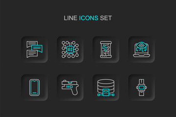 Naklejka premium Set line Wrist watch, Cloud database, Futuristic weapon, Mobile phone, Computer vision, Cryogenic capsules, Neural network and Speech bubble chat icon. Vector