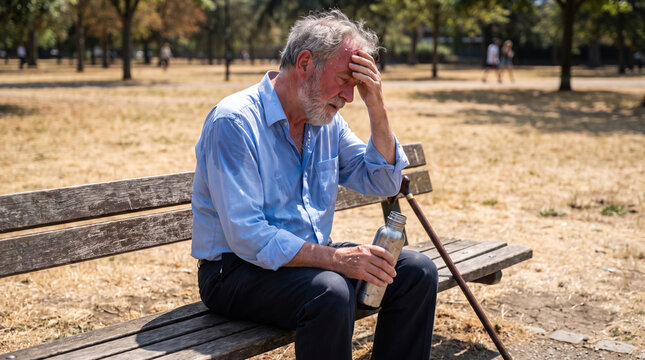 An elderly man suffering from heat exhaustion while sitting alone on a park bench outside