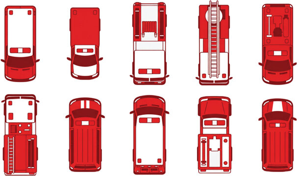 Top View Emergency Vehicle Collection with Ambulances Fire Engines and Rescue Vans Vector Asset Set