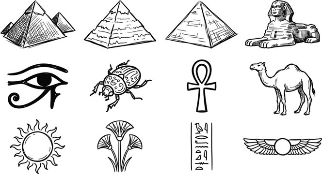 Ancient Egyptian Symbols Collection Featuring Pyramids, Sphinx, Eye of Horus, Ankh, Scarab, Camel, Hieroglyphs, and Sacred Heritage Vector Set