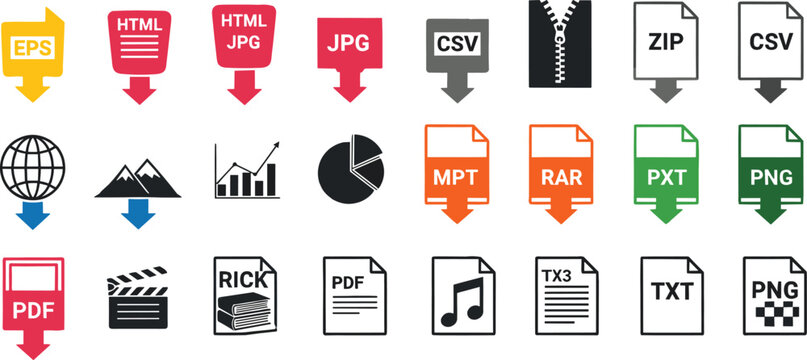 File format icons, document download symbols, vector flat design labels for pdf, jpg, eps, zip, html, csv, png, rar