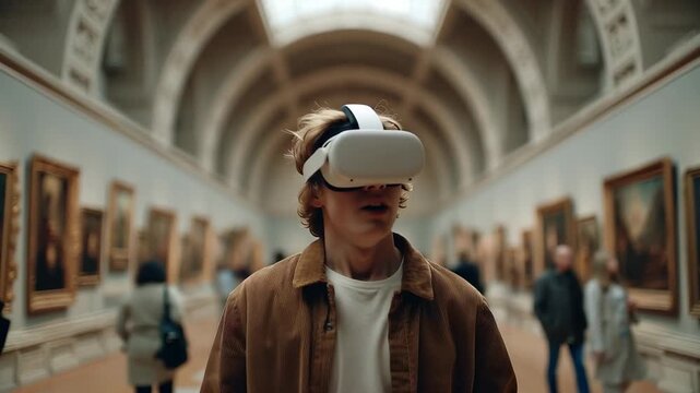 Young man exploring art gallery with vr headset amidst classic paintings and arched ceilings
