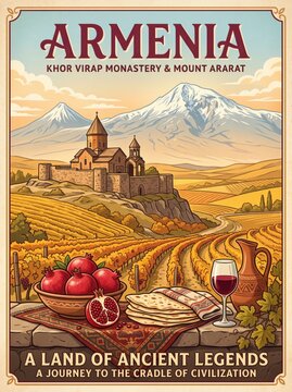 Armenia travel poster, mount ararat khor virap monastery vineyard, pomegranate lavash bread wine glass. Ancient legends illustration