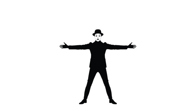 Mime artist in a bowler hat stands with his arms wide open to express a sense of performance art.
