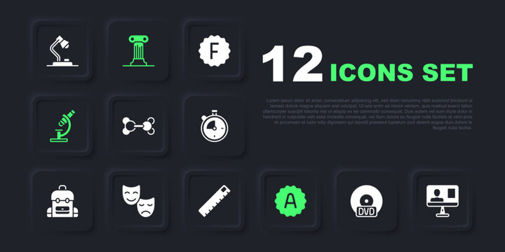 Set CD or DVD disk, Online class, Molecule, Exam sheet with A plus grade, Microscope, Comedy and tragedy masks, Law pillar and Ruler icon. Vector