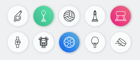 Fototapeta premium Set line Soccer football ball, Pommel horse, Smart watch with heart, Racket, Chess, Volleyball, Hockey puck and Stopwatch icon. Vector