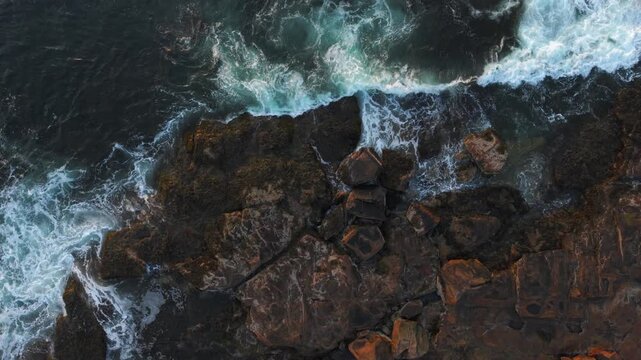Breaking Waves Crash Against The Rocky Coastline Of Thacher Island Near Gloucester, Massachusetts, USA. Slow Motion Shot