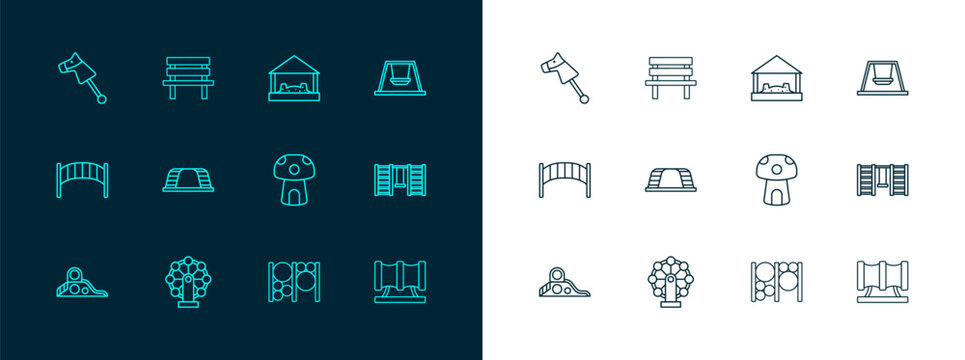 Set line Swing for kids, Ferris wheel, Mushroom house, Playground climbing equipment, Monkey bar, Sandbox with sand, Toy horse and Bench icon. Vector