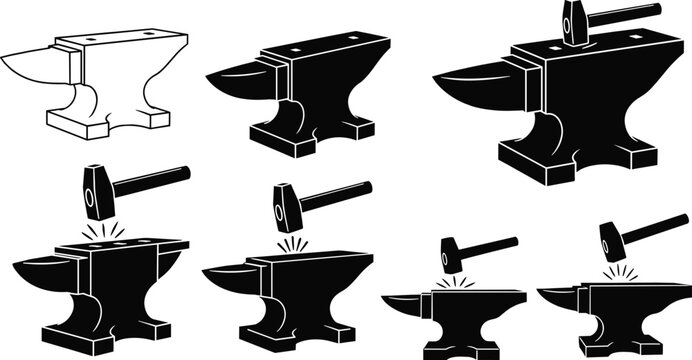 Solid silhouette vector blacksmith anvil icons with hammer, metal work and forge symbols isolated on white background, industrial tools