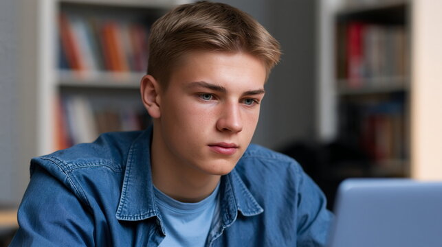 Determined Young European Student Deeply Engaged with Learning Material in Bright Classroom, Radiating Intellectual Curiosity and Passion for Knowledge
