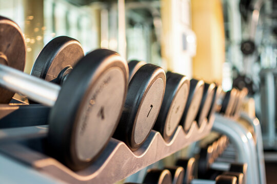 Close up row of black heavy dumbbells on a rack in a modern fitness center