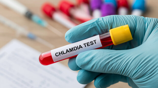 Close up view of medical professional holding chlamydia blood test tube with yellow cap.