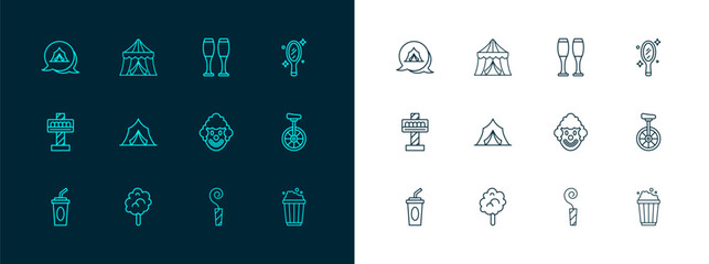 Set line Magic hand mirror, Cotton candy, Clown head, Birthday party horn, Circus tent, Bowling pin, and icon. Vector © Iryna