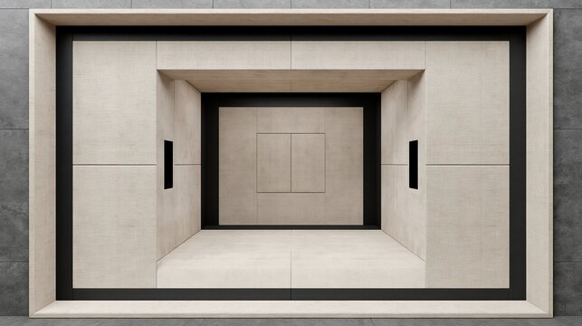 Geometric recursive nested rectangular empty space with textured beige and black panels shows modern minimalist abstract architectural illusion design