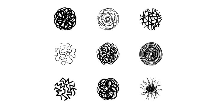 Abstract Tangled Line Drawings Arranged in a 3x3 Grid Pattern Featuring Art, Design, Illustration with Vector and Black Elements