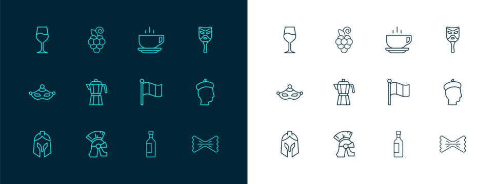Set line Carnival mask, Roman army helmet, Flag Italy, Bottle of wine, Coffee maker moca pot, cup, Wine glass and Grape fruit icon. Vector